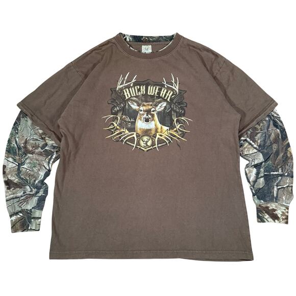 Y2K Buck Wear Deer Hunting Shirt XL Brown Camo Long Sleeve Double Layer Outdoors - Picture 1 of 9